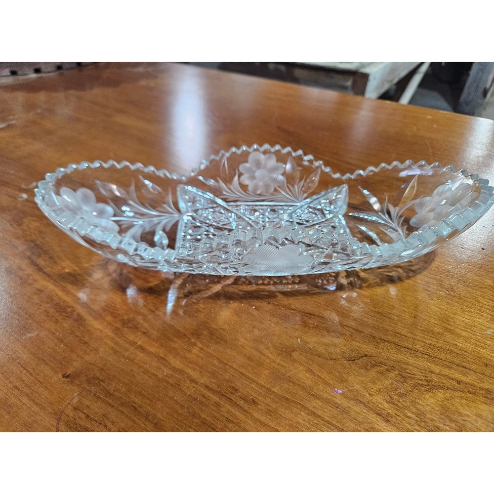 Vintage Cut Crystal Celery Dish Etched Floral Scalloped Oval Relish Tray Clear